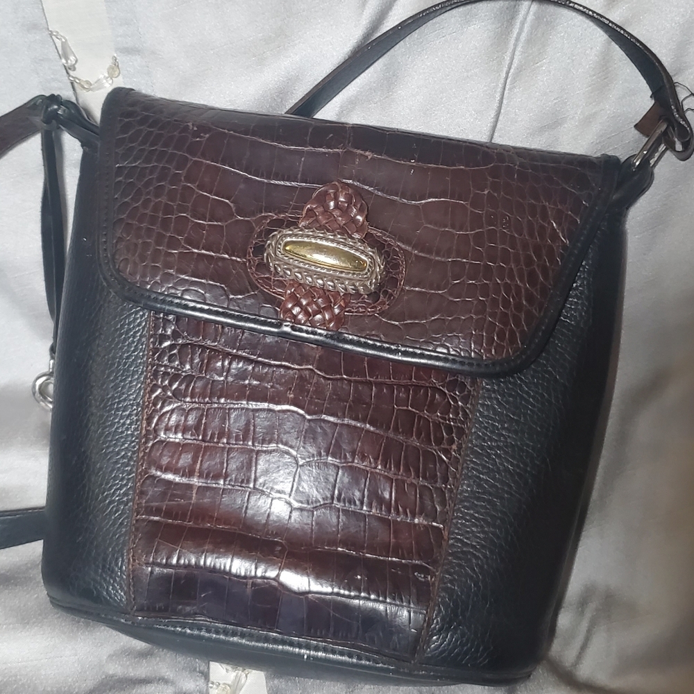BRIGHTON Crossbody Shoulder Bag Leather Purse Black & Brown Croc Embossed 10”x9” - Picture 2 of 15